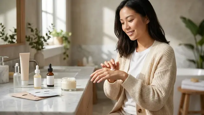 The woman from the article applies a white cream to her hand from a glass jar, surrounded by affordable skincare products in