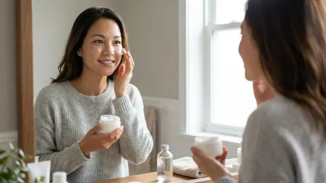 A woman with brown hair, from the reference image, applies white face cream from a jar while looking in a bathroom mirror.