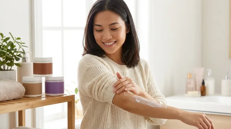 The woman from the reference image smiles as she applies a body cream to her arm in a bright bathroom.