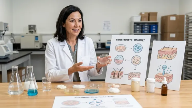 A woman in a lab coat gestures to skincare charts and samples in a science lab setting.