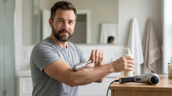 A man with a beard in a grey t-shirt is using a metal roller on his forearm, next to a bottle of lotion and an electric massa