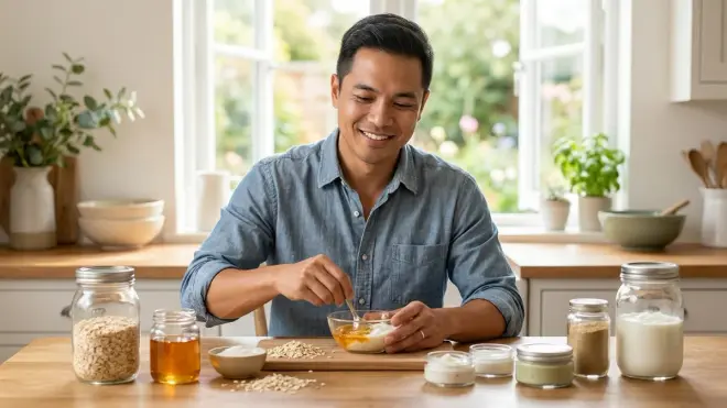 Man from the reference image, smiling in a denim shirt, mixes ingredients for a DIY face mask in a sunlit kitchen.