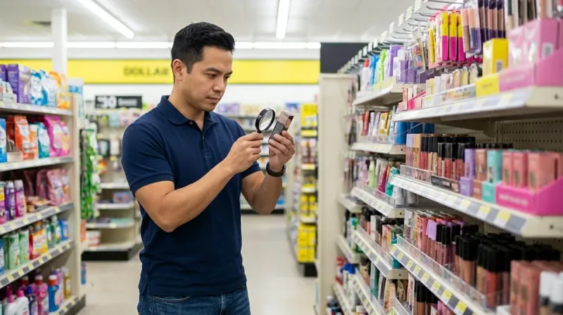 A man with short dark hair, wearing a navy polo shirt, examines a makeup product label with a magnifying glass in a dollar st