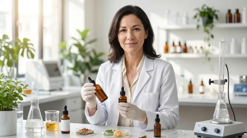 A female scientist in a lab coat smiles, holding two amber dropper bottles in her gloved hands in a bright laboratory.