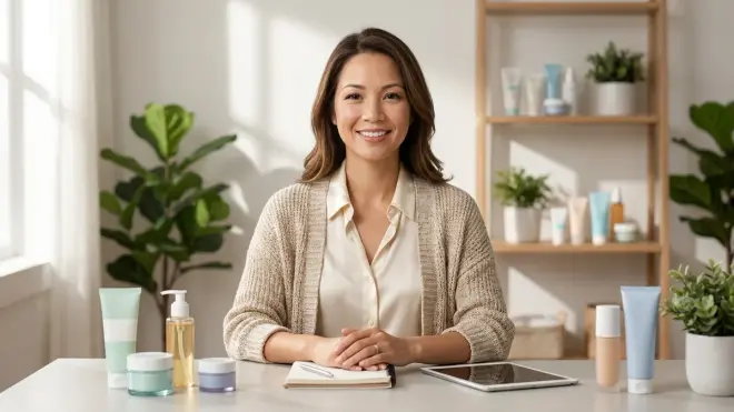 The woman from the reference image, wearing a cardigan, sits at a desk with budget skincare products and a tablet in a sunlit