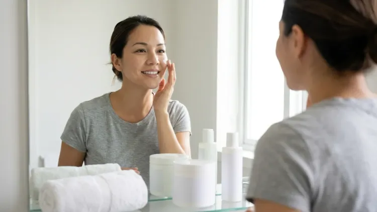 A woman with her hair back, wearing a grey t-shirt, smiles as she applies a white cream to her face in a brightly lit bathroo