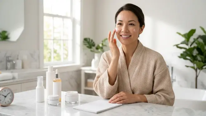 The woman from the reference image smiles while applying skincare cream in a sunlit bathroom.