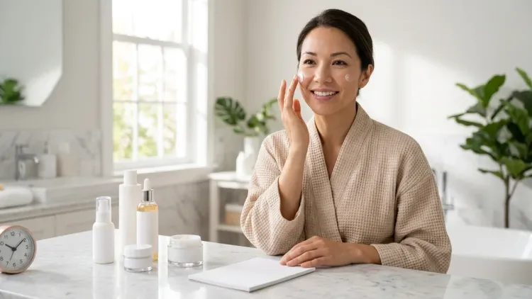 The woman from the reference image smiles while applying skincare cream in a sunlit bathroom.
