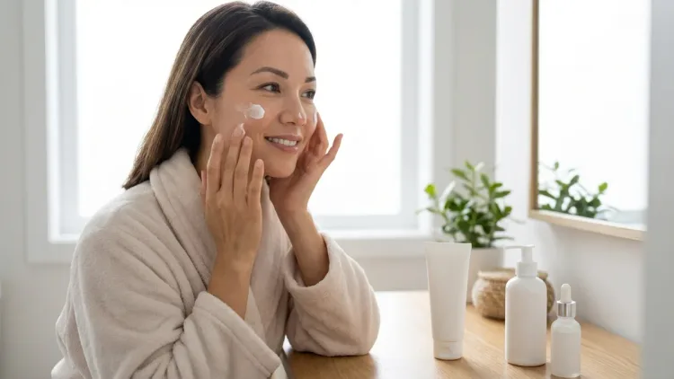 The woman from the reference image, wearing a beige bathrobe, smiles as she applies a white cream moisturizer to her face in