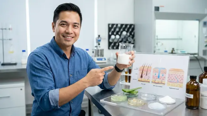 A man in a blue denim shirt smiles in a lab, holding a beaker of white lotion and pointing to a display with aloe vera, glyce