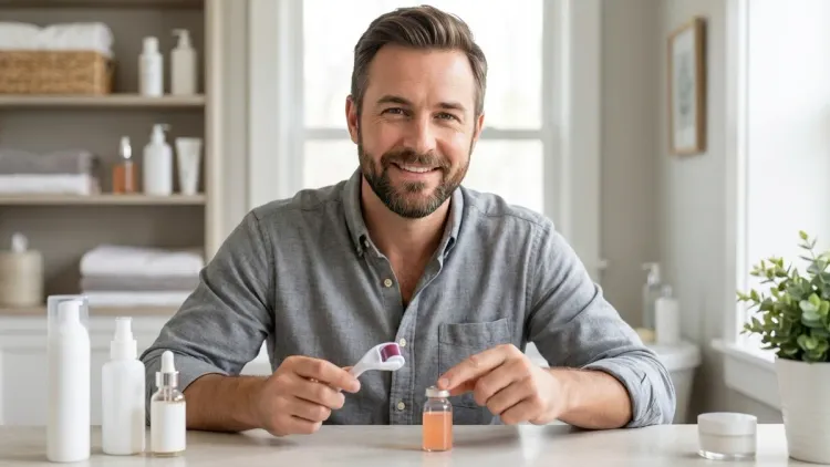 The man from the image, wearing a casual grey shirt, holds a dermaroller and a vial in a bathroom setting, explaining the DIY