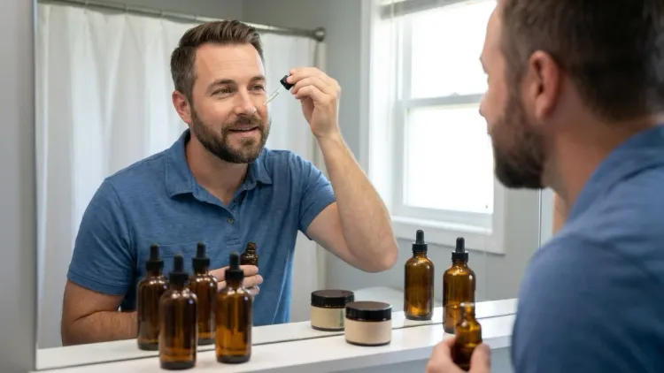The author of the article applies a serum to his face in front of a bathroom mirror.