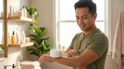 Man in t-shirt applying white body butter from a tub to his arm in a sunlit bathroom.