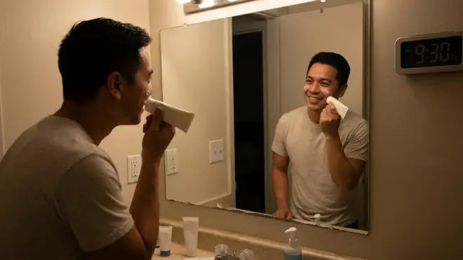 A man smiles at his reflection in a bathroom mirror while applying cream from a tube to his face at night.